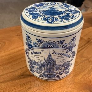Delft- Blue Holland Goudse Stroopwafels Hand Painted Cookie / Tea Jar With Lid
